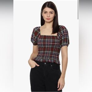 American Eagle Plaid Puff Sleeve Smocked Crop Top